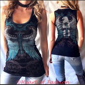 VOCAL Black Embellished Cross Wing Graphic Stitch Detail Biker Ribbed Tank Top